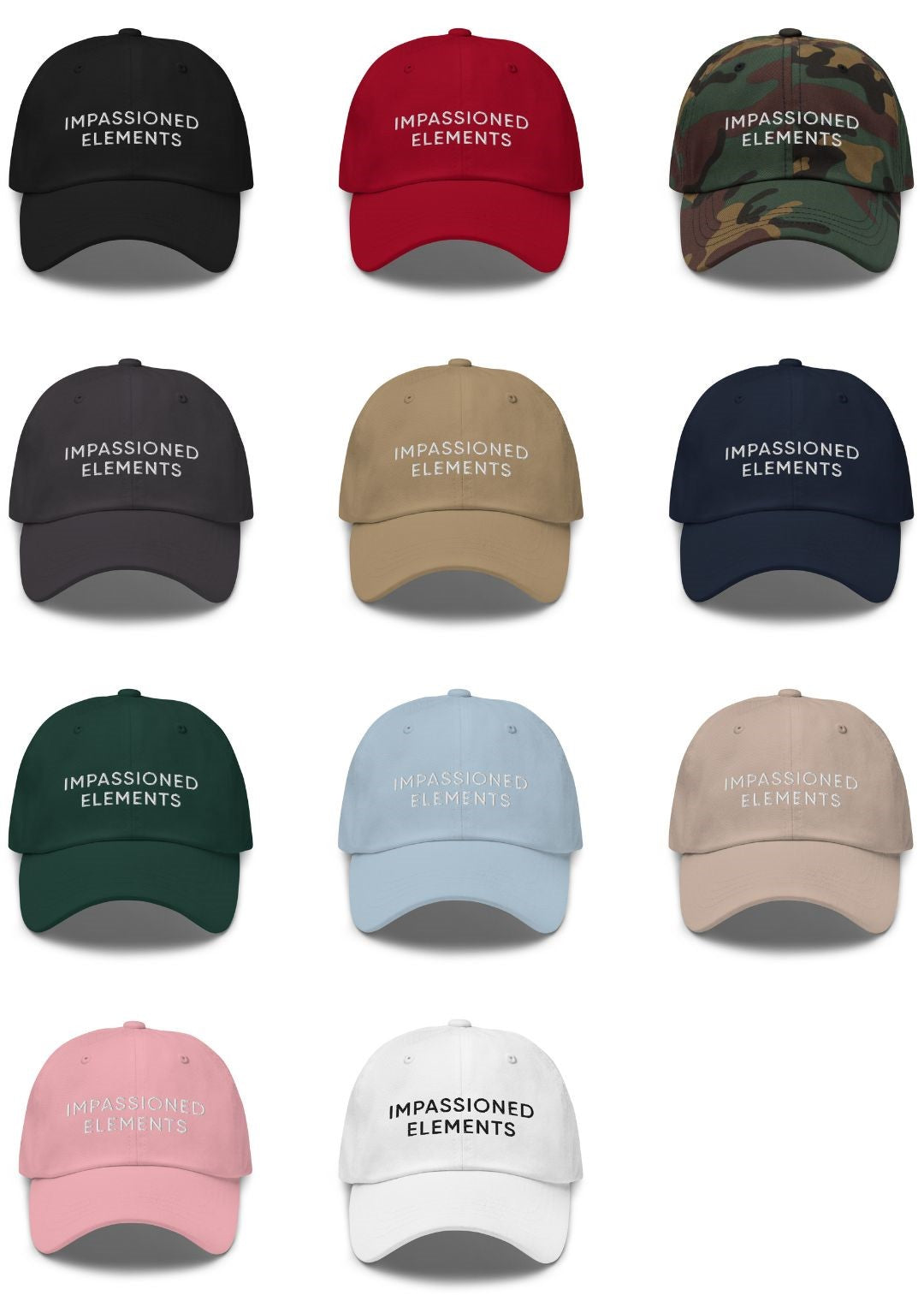 Collection of Impassioned Elements unstructured dad hats in various colors