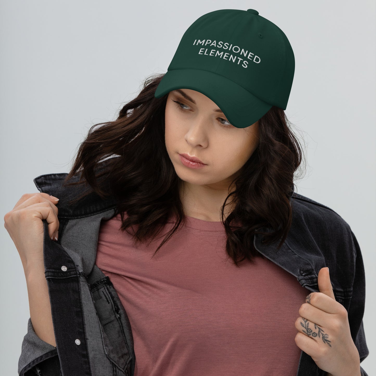 Model in spruce Impassioned Elements unstructured dad hat exuding style and confidence