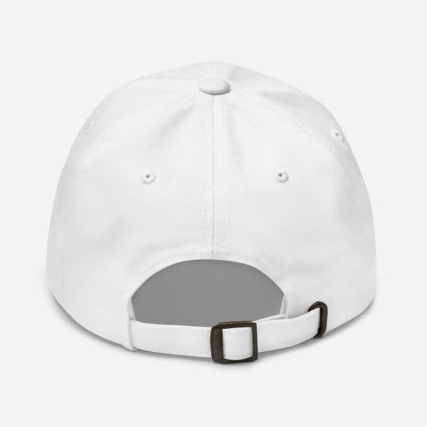 Back of white IE cap showing adjustable strap with antique closure