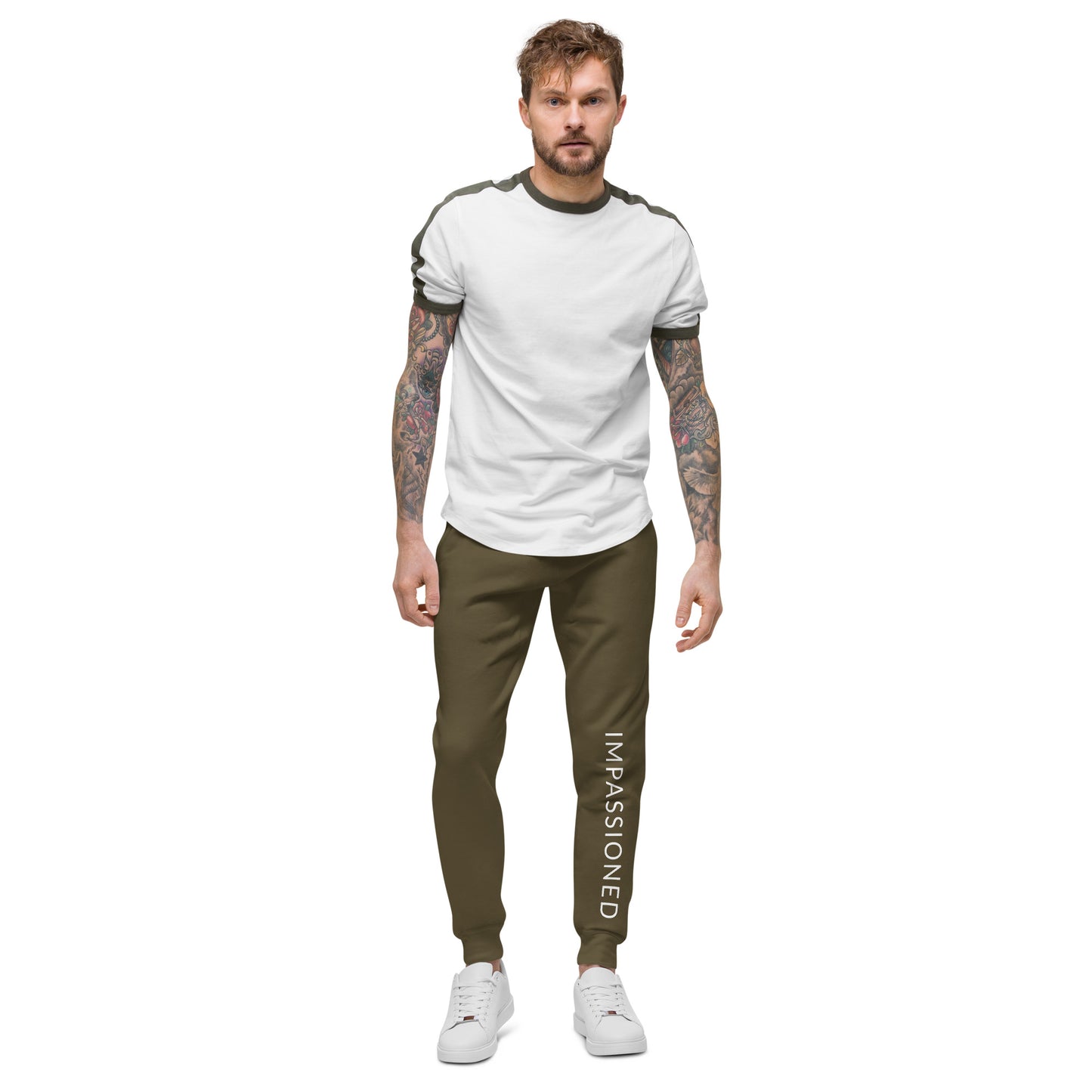 Man proudly wearing our slim fit Impassioned military green jogger sweatpants