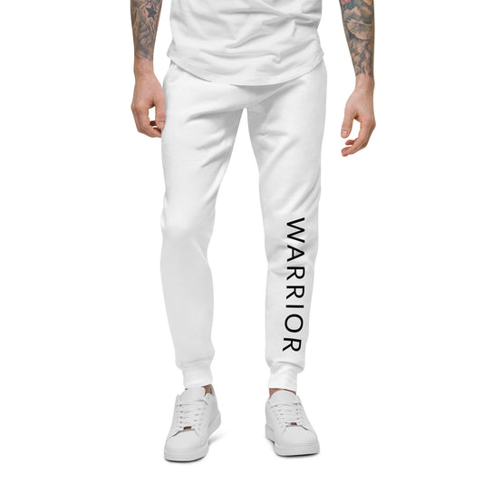 Crisp white cozy fleece joggers with black Warrior print on front left leg to fashionably embrace your inspiring journey