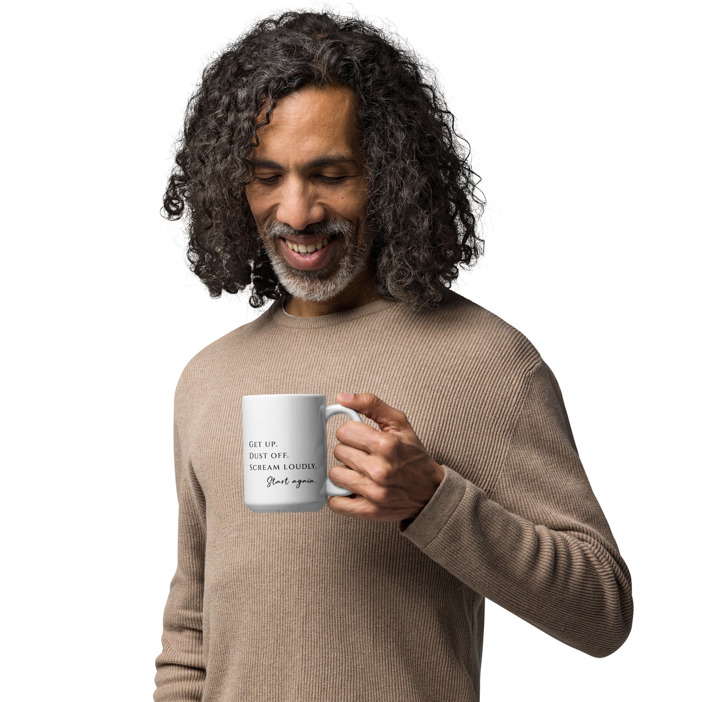 Enthusiastic man holding a 15 oz start again mug