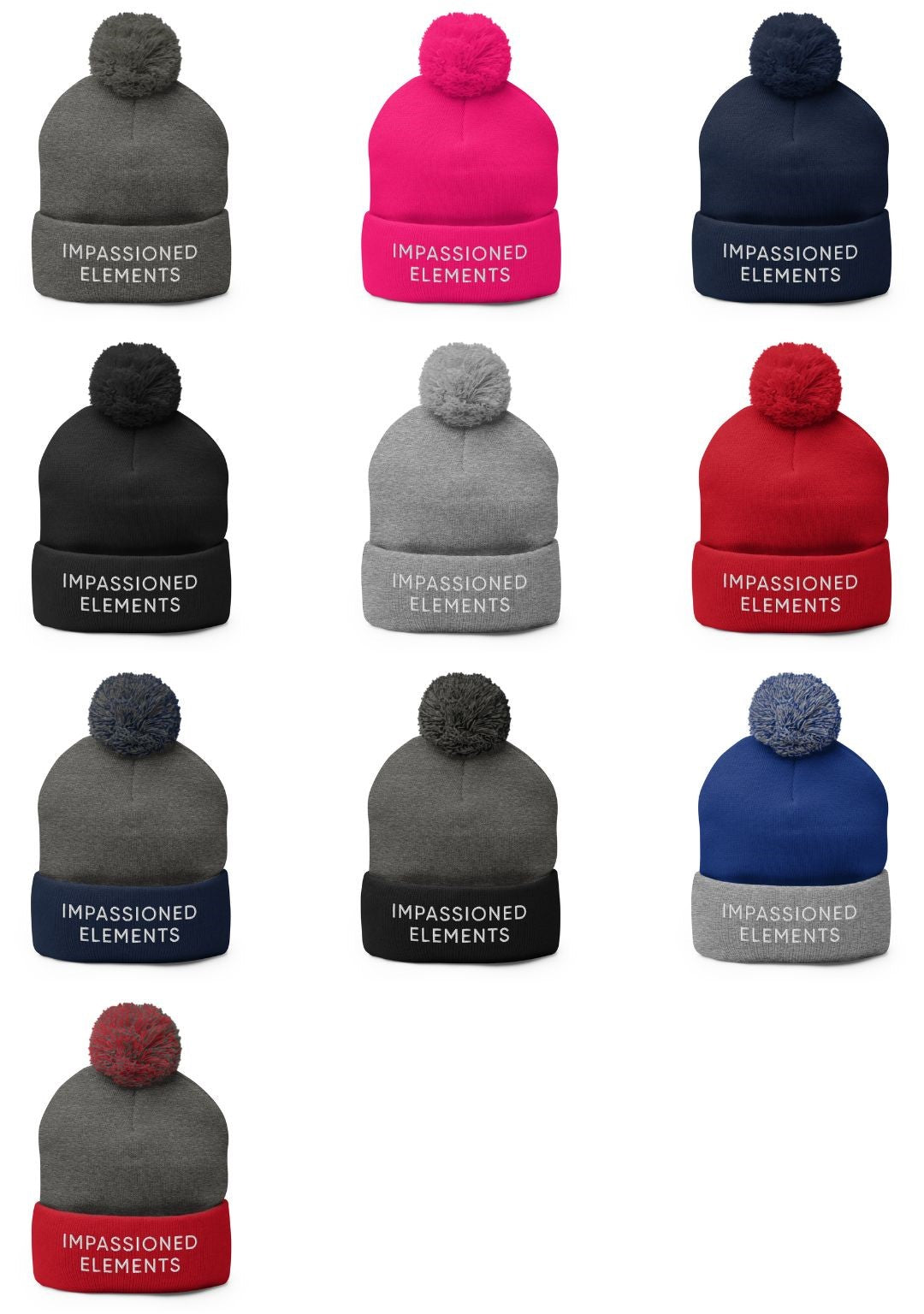 Collection of knit cuffed pom-pom beanies with Impassioned Elements embroidery