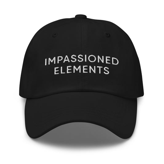 Black unstructured dad hat with Impassioned Elements embroidered in white on front