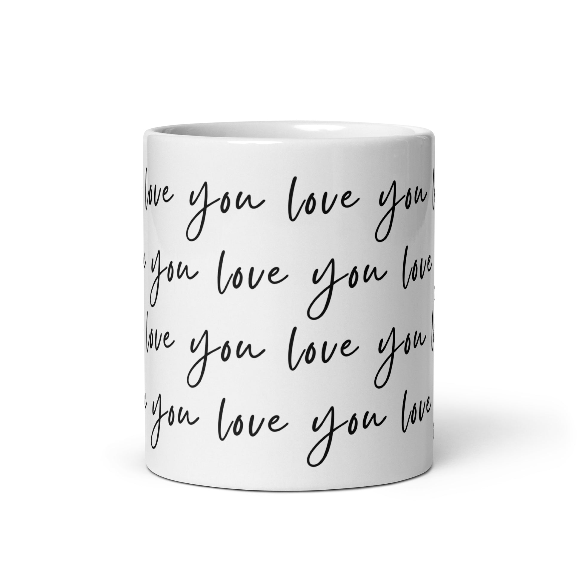 Front view love you 11 oz ceramic mug on countertop