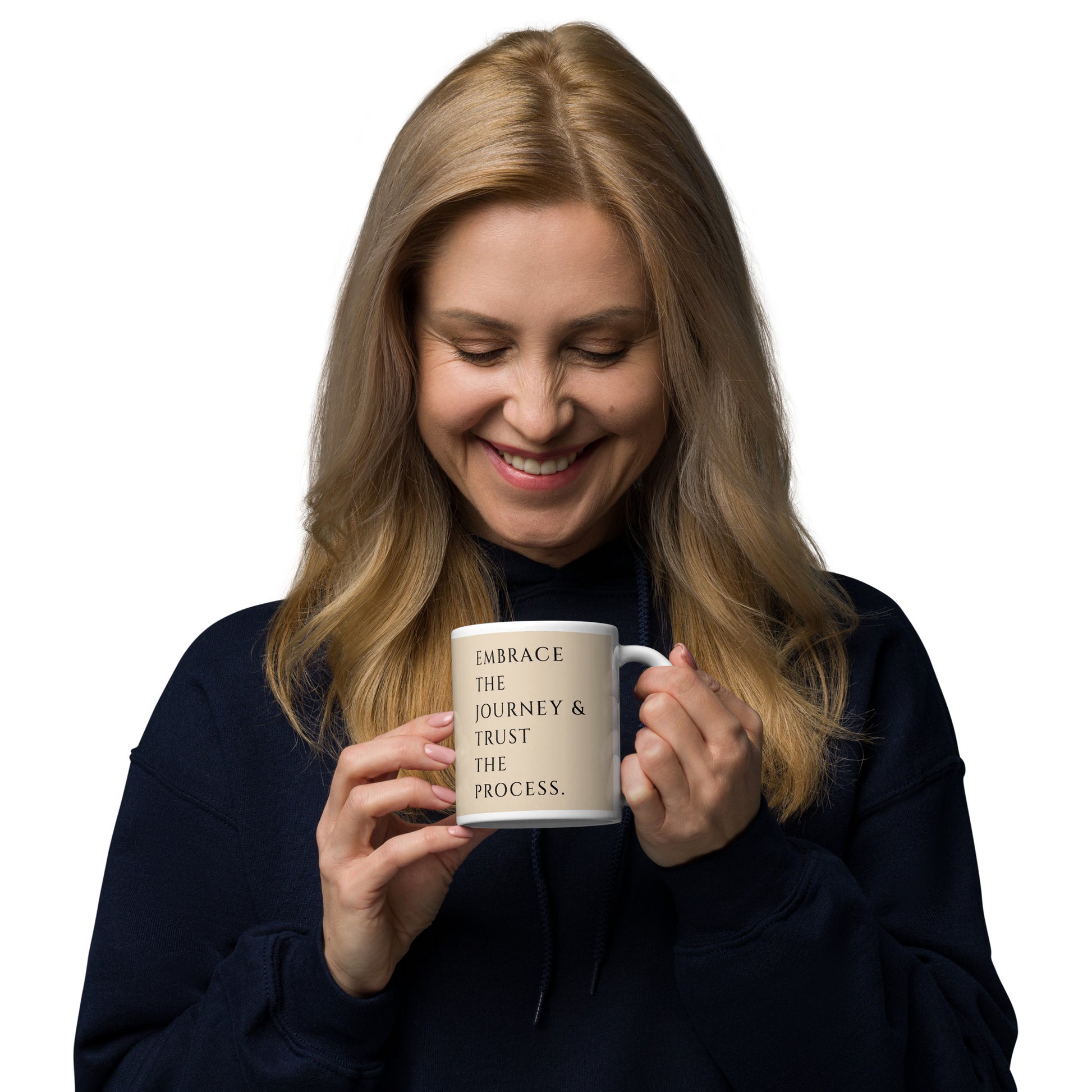 Enthusiastic woman smiling at her gifted inspirational mug