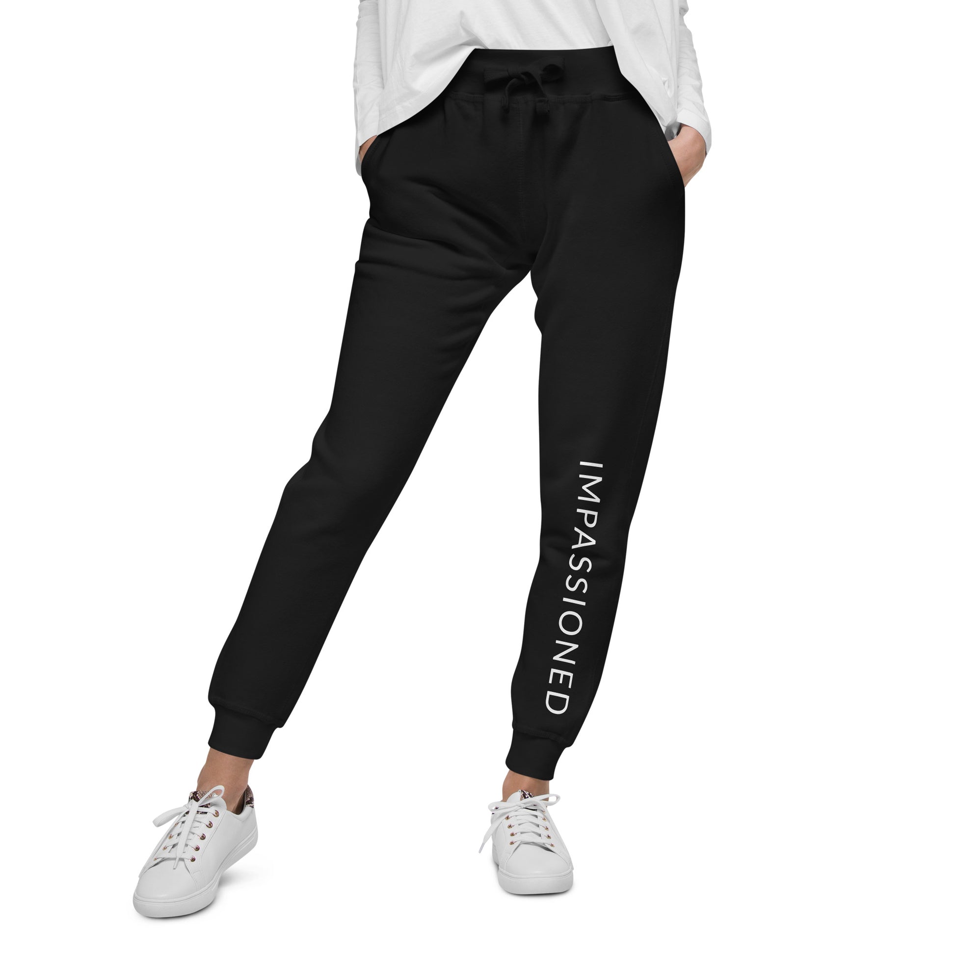 Woman model showing off her style in our black Impassioned jogger sweatpants