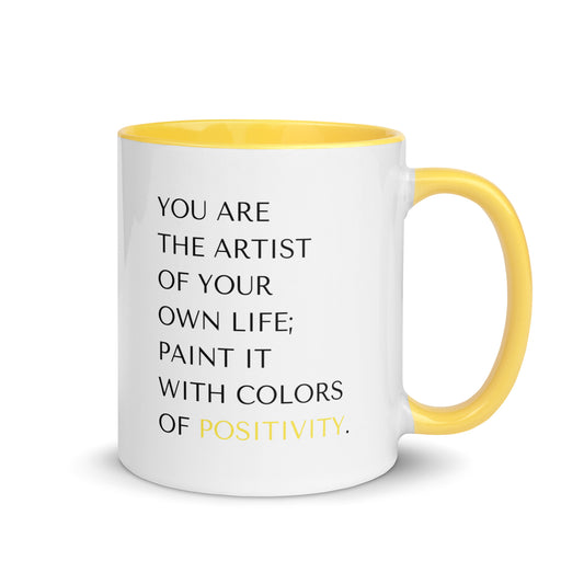 Vibrant white ceramic 11 oz mental health positivity mug with yellow coloring