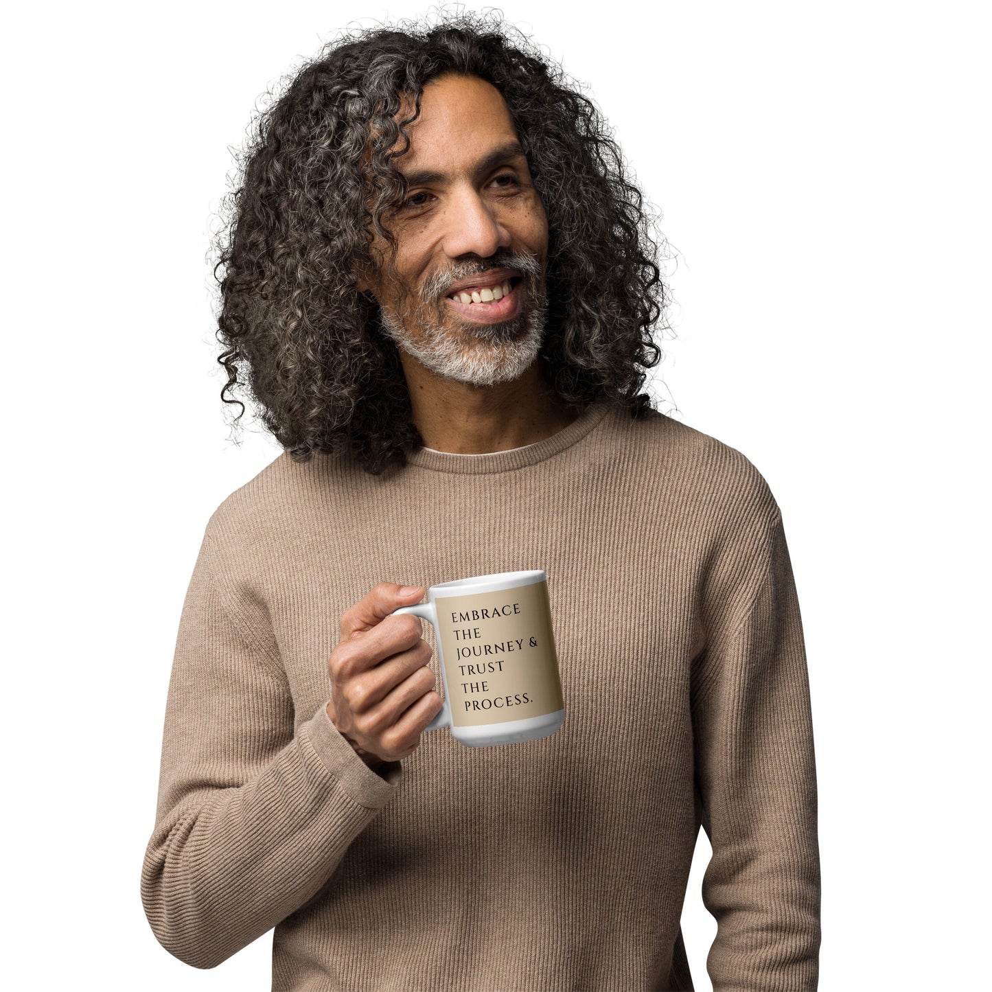 Smiling man enjoying coffee in his 15 oz empowering message mug to embrace the journey