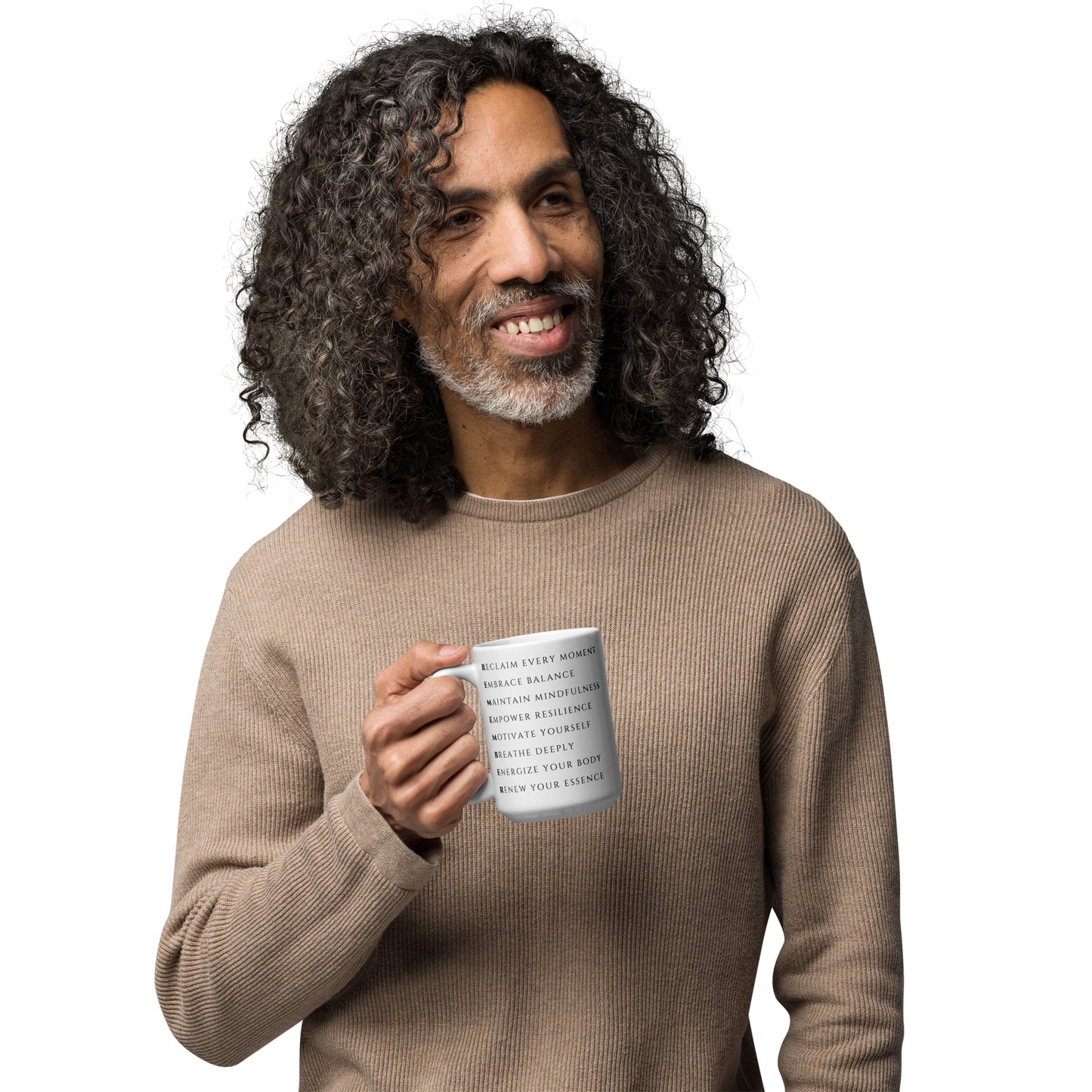 Male model enjoying coffee in his remember mindfulness 15 ounce ceramic mug