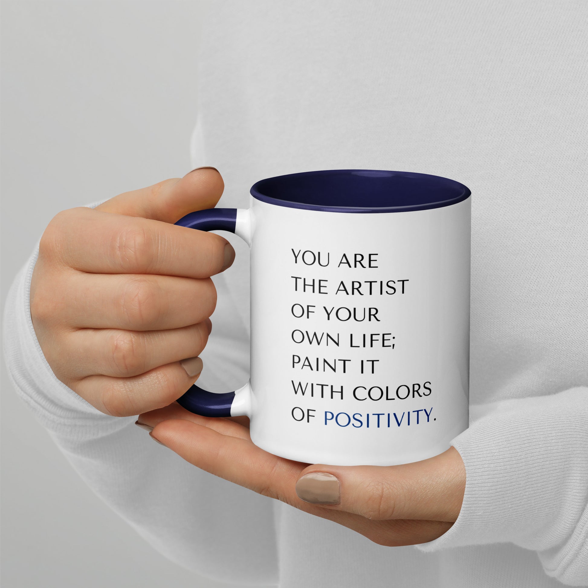 Motivational 11 oz You Are The Artist of Your Own Life white ceramic mug with blue accents