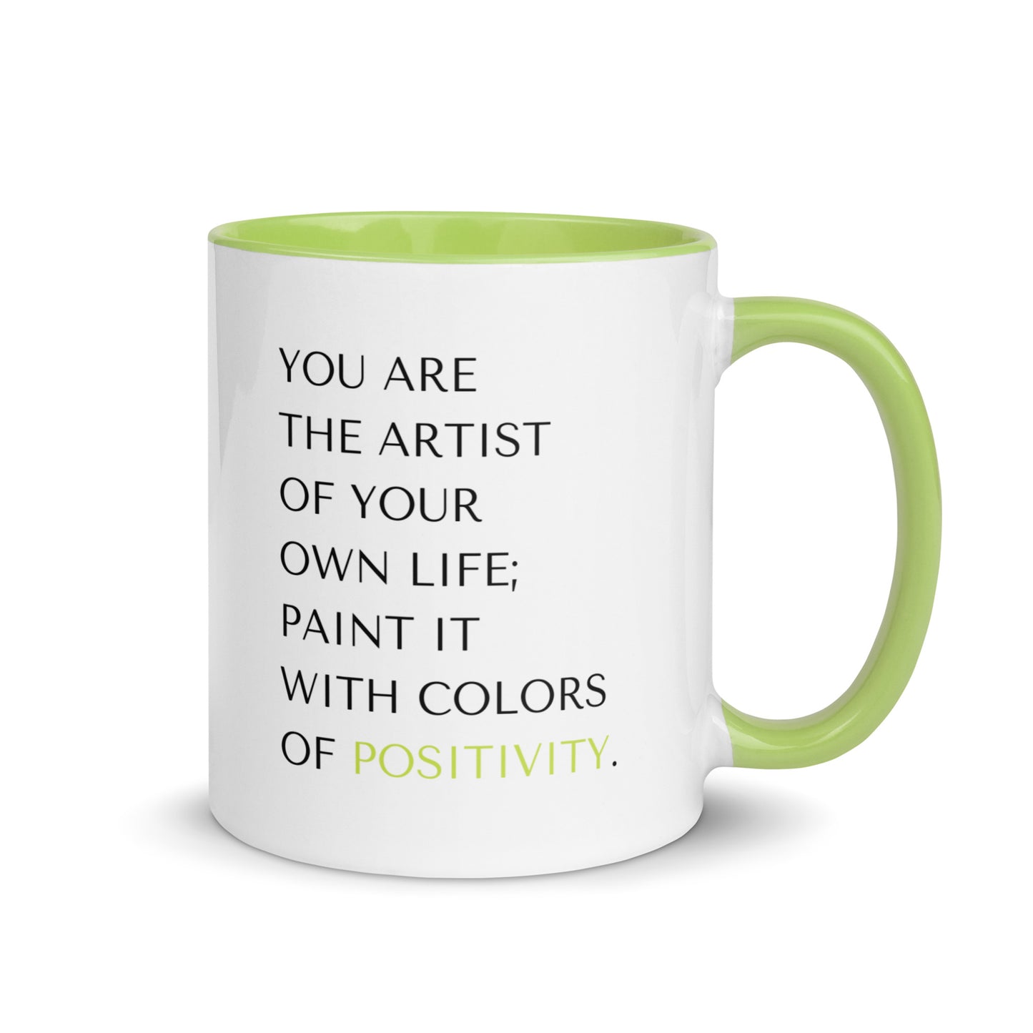 Vibrant white ceramic 11 oz mental health positivity mug with green handle and inside coloring