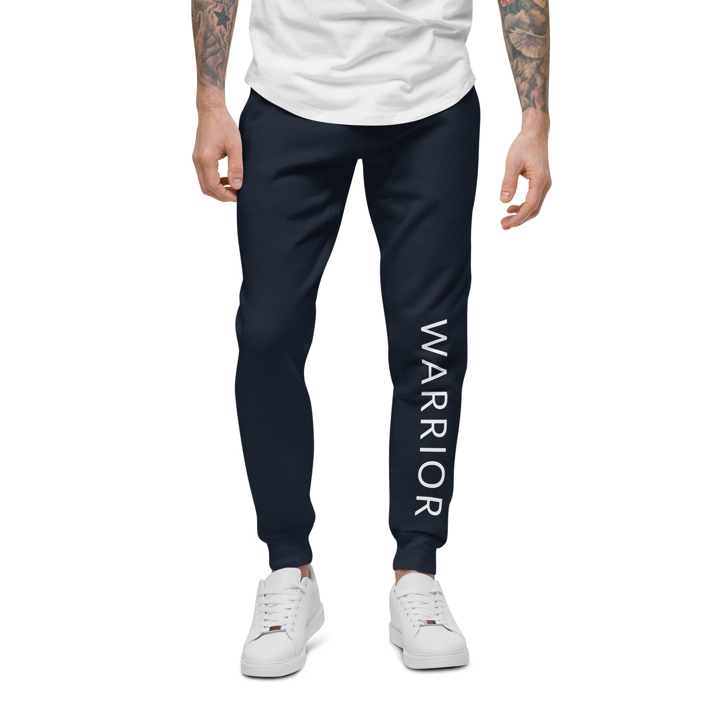 Fleece Warrior jogger sweats in color navy blazor fashionably worn by male model