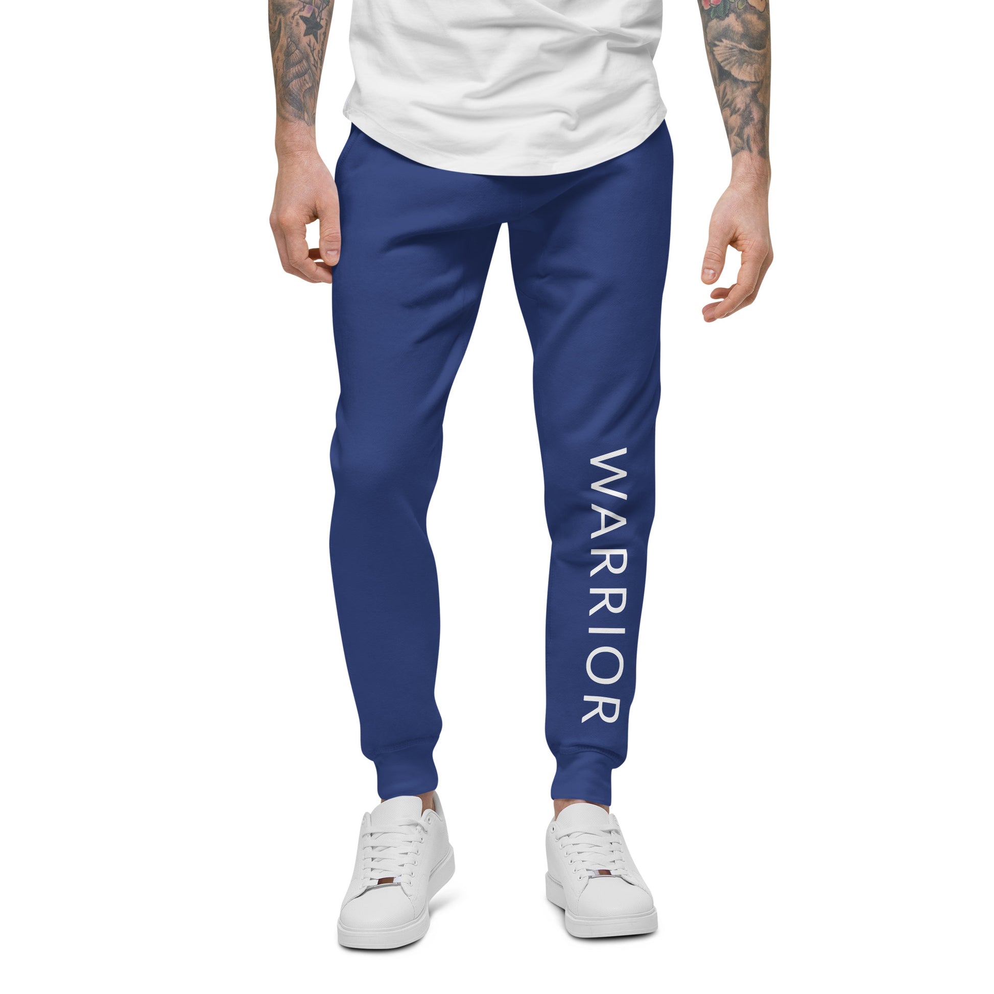 Blue slim fit sweatpant joggers with Warrior print to promote uplifting spirit