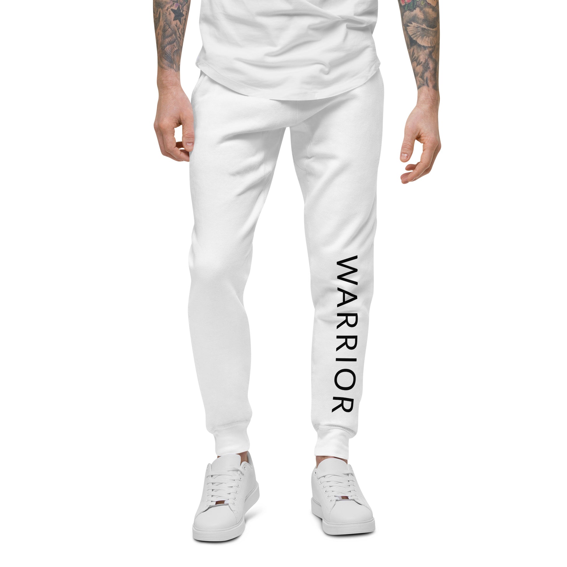 Crisp white cozy fleece joggers with black Warrior print on front left leg to fashionably embrace your inspiring journey