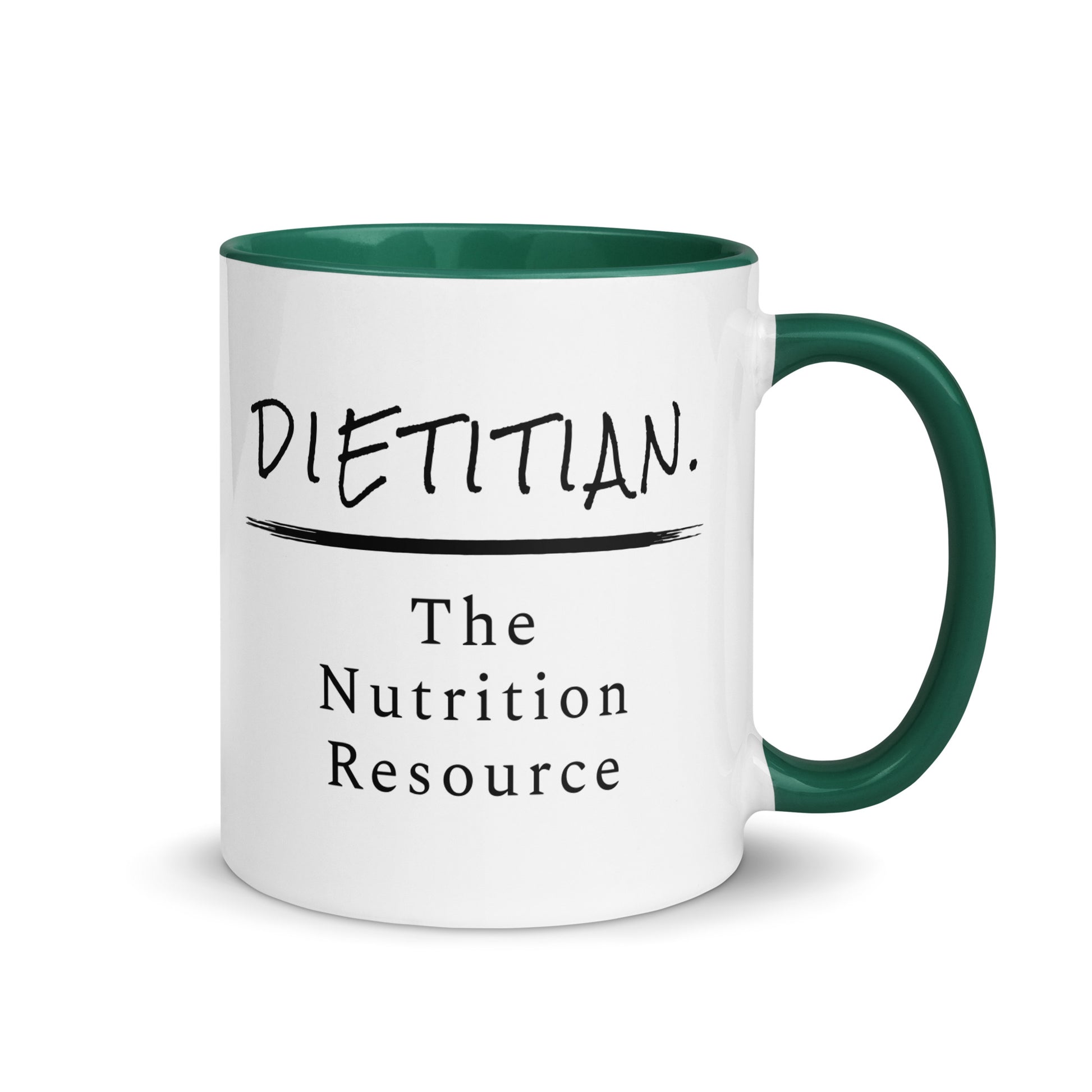 Dietitian Nutrition Resource Mug 11 oz white ceramic with dark green inside and handle