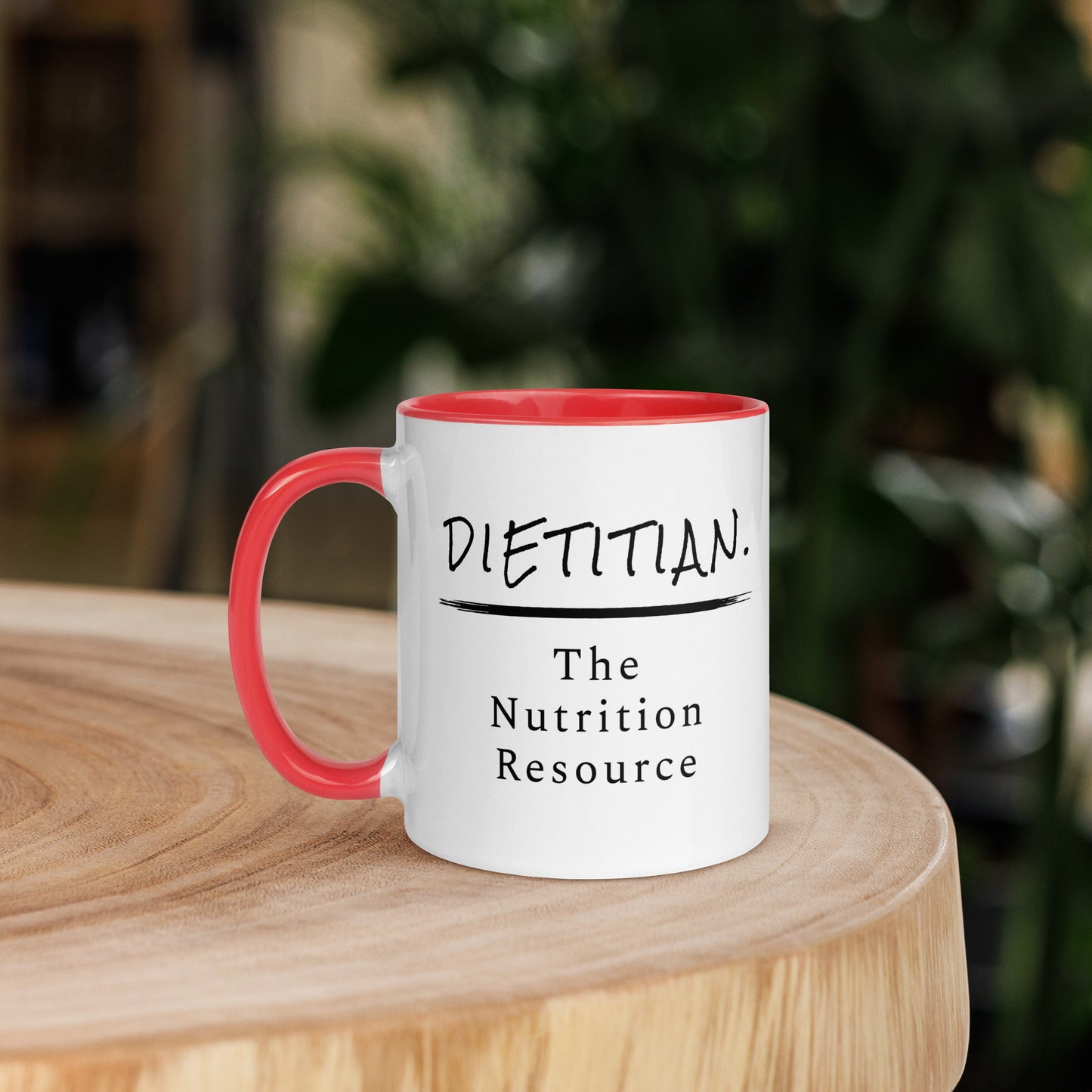 Dietitian Nutrition Resource Mug 11 oz white ceramic mug with red handle and inside