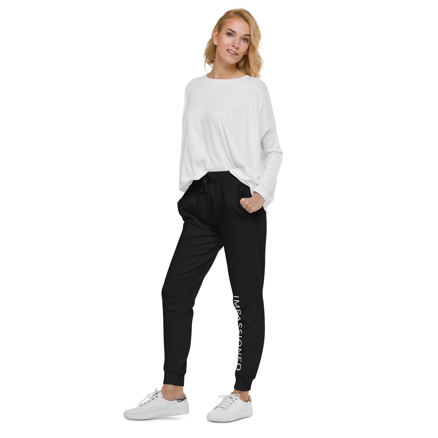 Female model wearing Impassioned black sweatpant joggers lined with fleece for extra comfort 